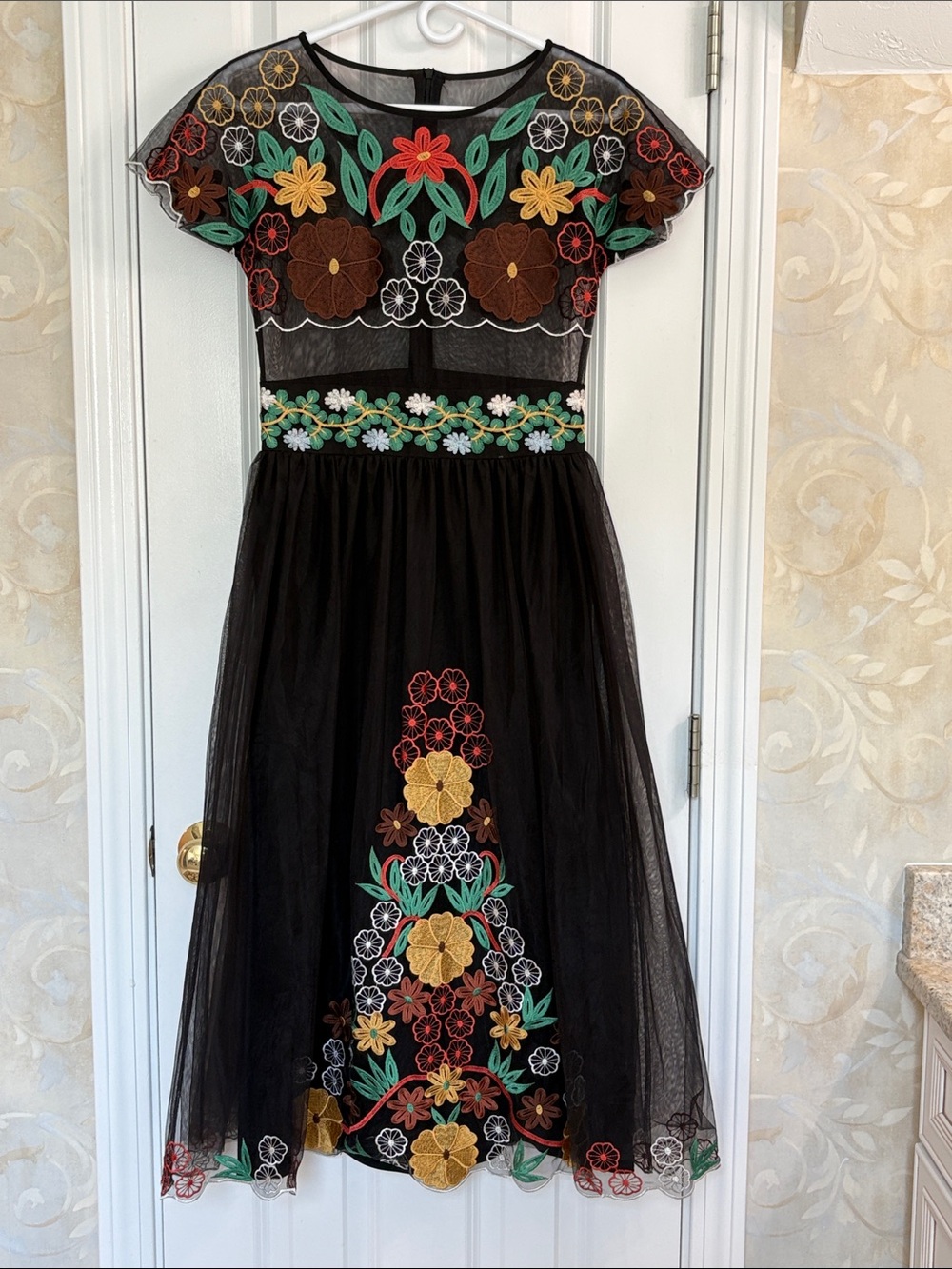 Unknown Brand Bohemian Feminine Embroidered Black Floral Tulle Full Skirt Dress